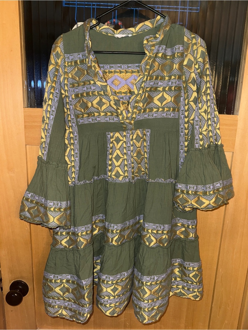 Lace The Label Cottagecore Boho Gold Embroidered Tiered Olive Green Mini Dress M